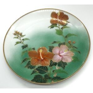 Vintage Kutani Japan Asian Porcelain Decorative Plate Hibiscus Gold Accents